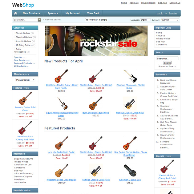 Pure Blue Free ZenCart Template Blue Free ZenCart Theme Skin